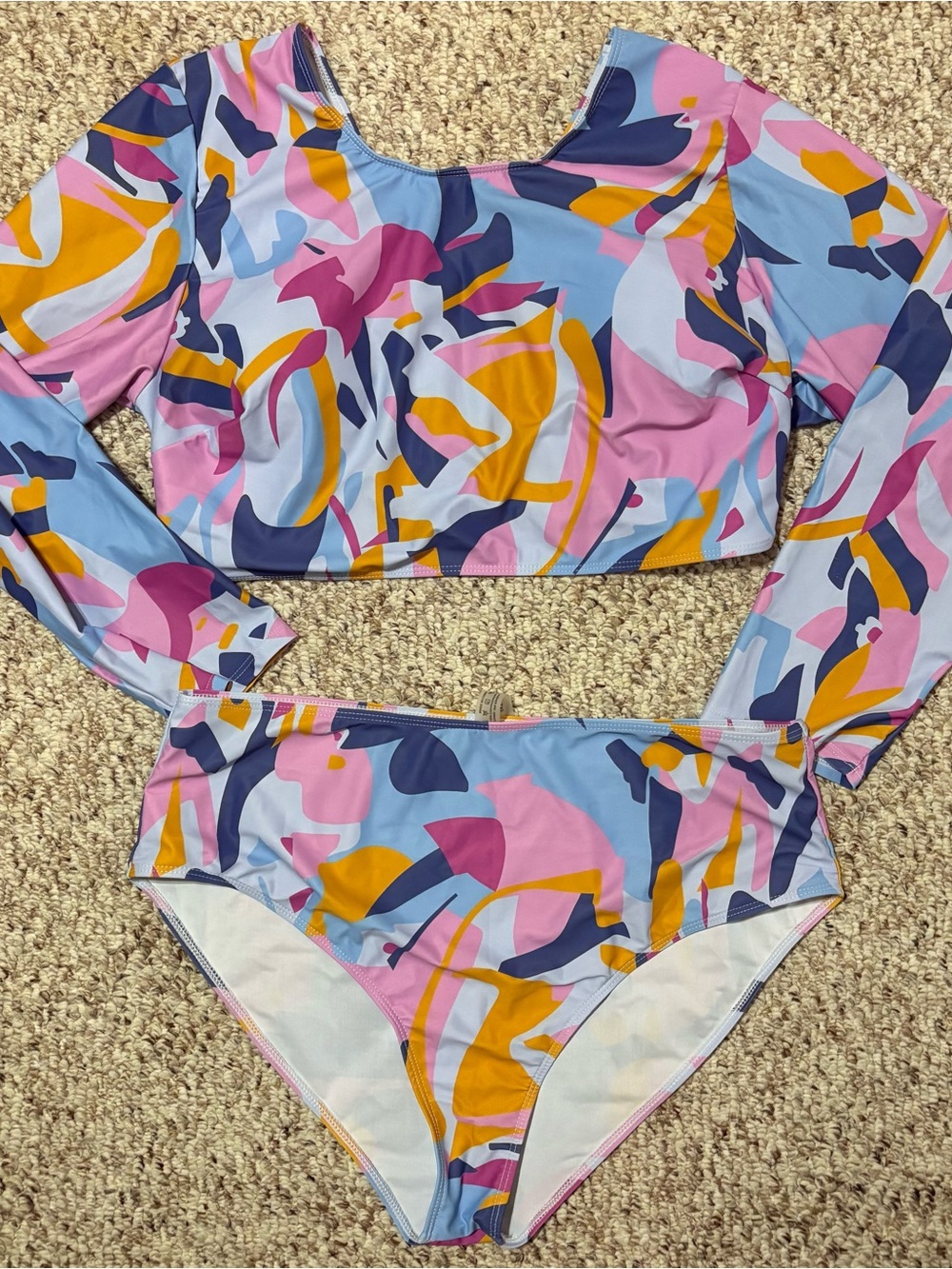 SHEIN Long Sleeve Two-Piece Swimsuit in Blue, Pink & Mustard Abstract Print
